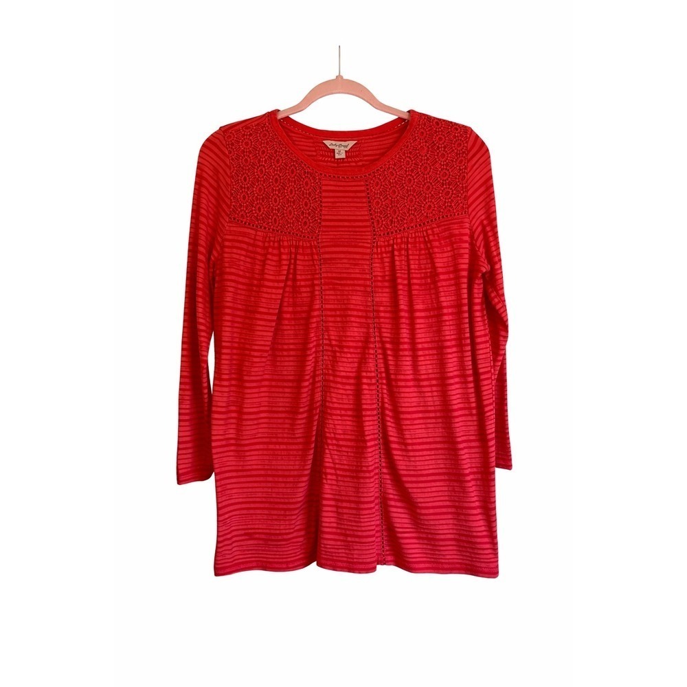 Lucky Brand Red Crochet Yoke Striped Knit Top – Women's Size Medium - Picture 1 of 6